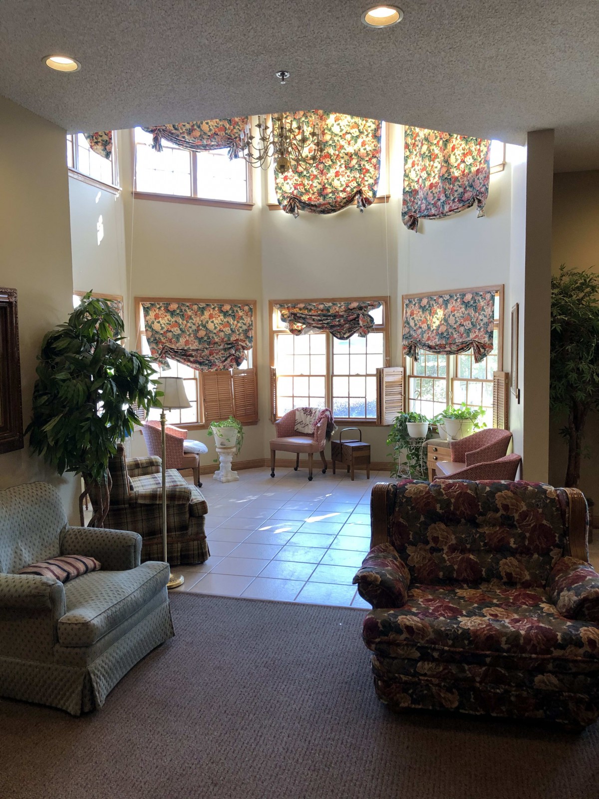 A cozy living room with ample natural light from large windows, featuring comfortable seating and lush indoor plants.
