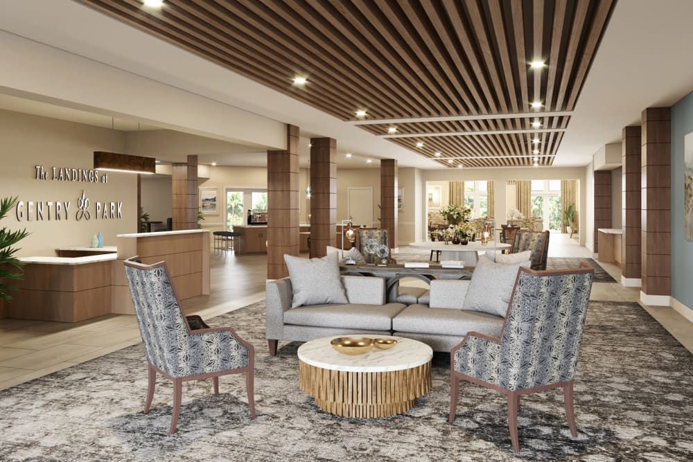 A modern lobby with comfortable seating and elegant decor.
