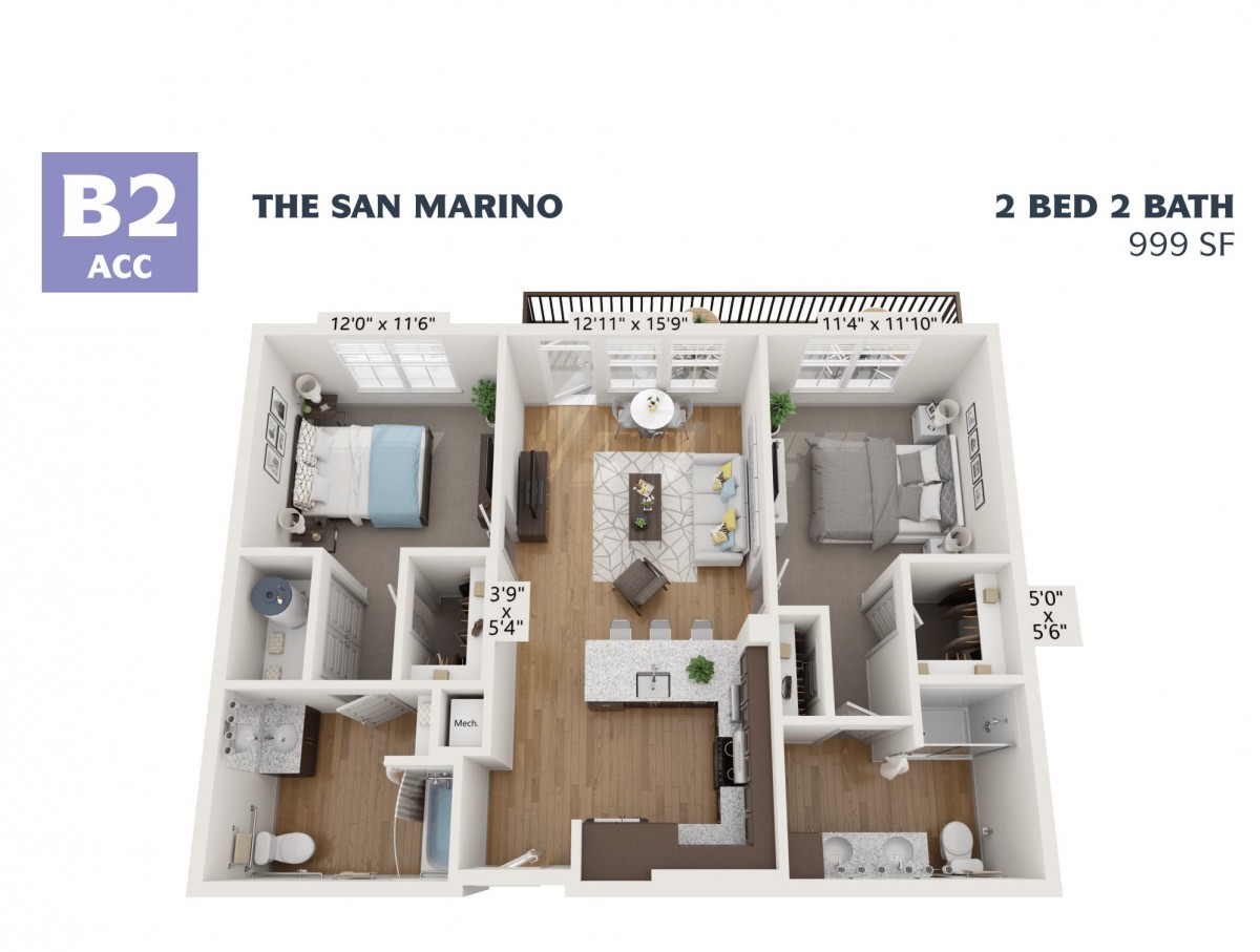 3-bedroom apartment floor plan with labeled areas including living room, kitchen, and bedrooms.