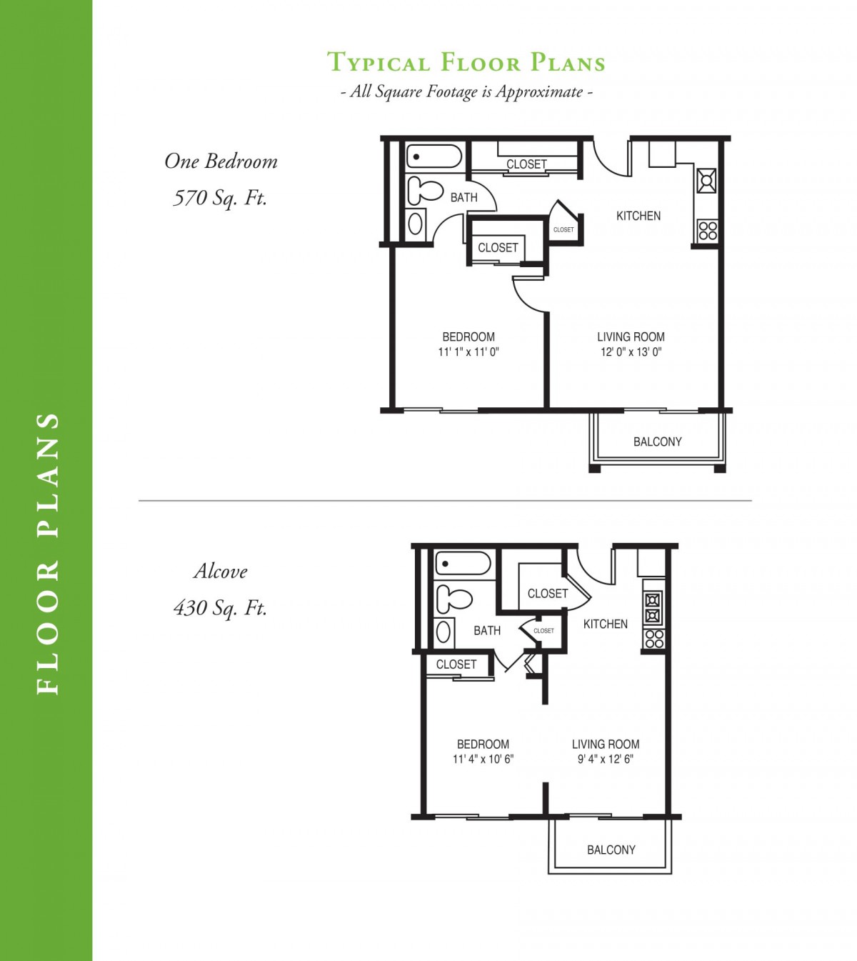 Typical floor plans showing one-bedroom and studio apartment layouts.