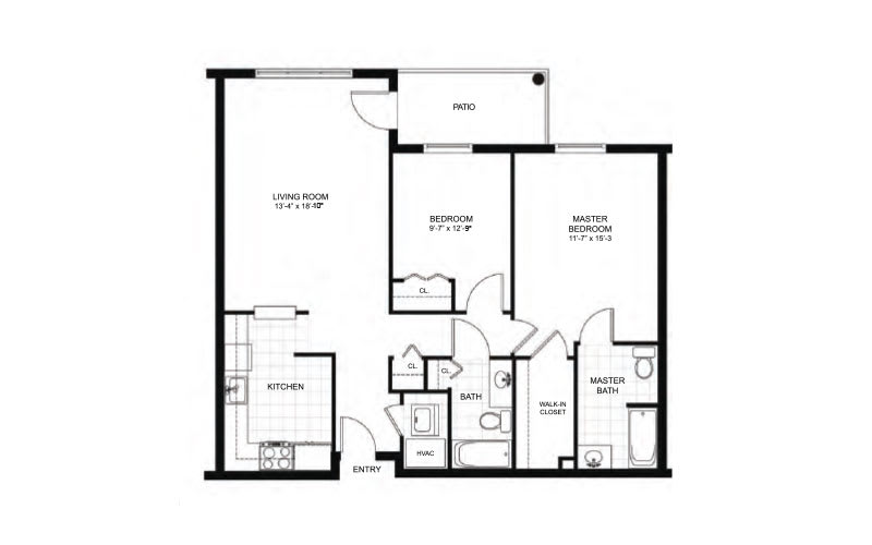 A floor plan of a two-bedroom apartment with kitchen, living room, and bathrooms.