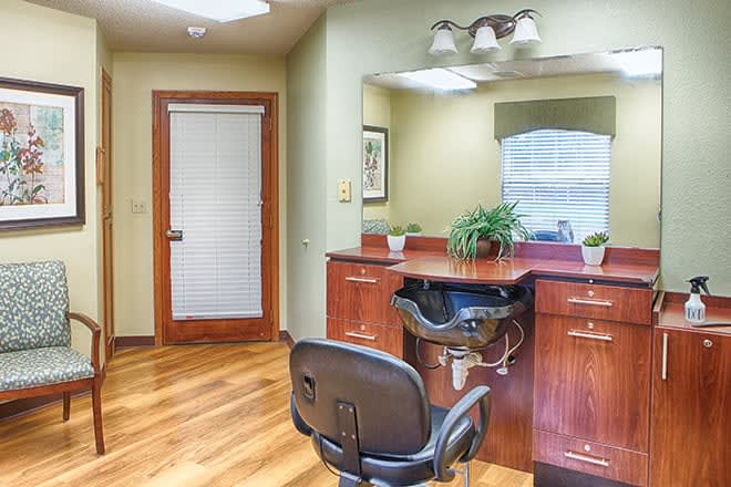 A well-lit hair salon with a barber chair and mirror, featuring decorative plants and wooden flooring.