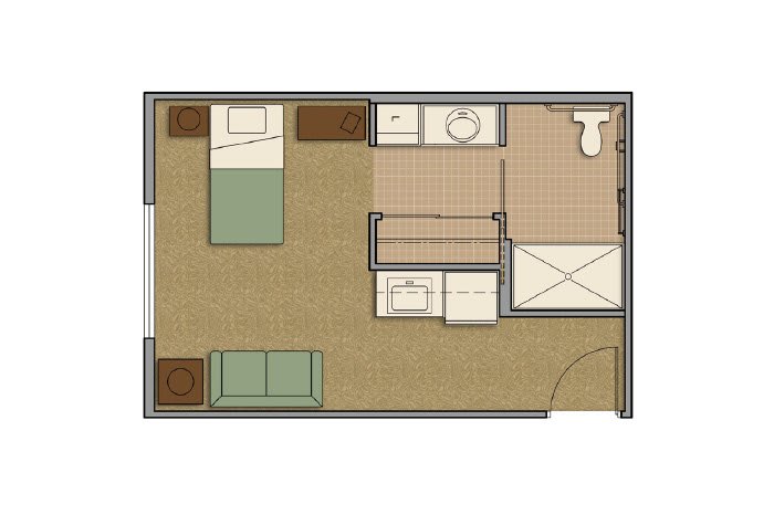 A compact studio apartment floor plan with a bedroom, bathroom, and living area.