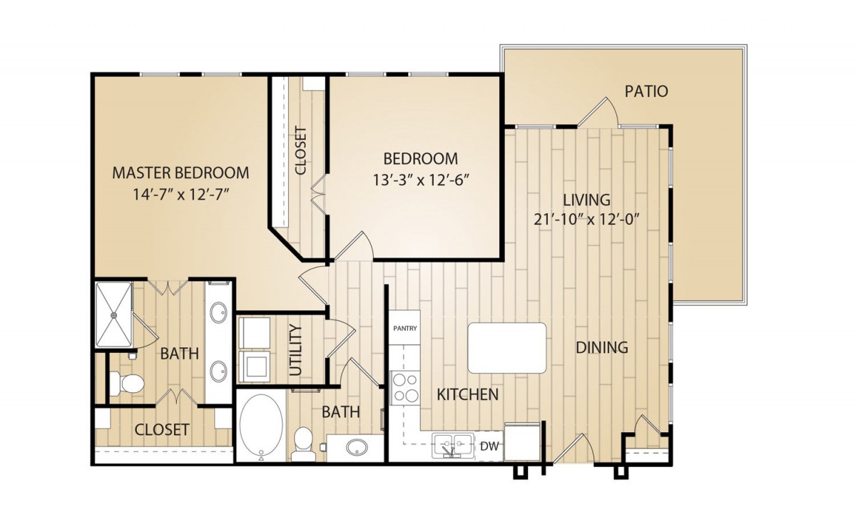 A detailed floor plan of a two-bedroom apartment with a living room, dining area, kitchen, and patio.
