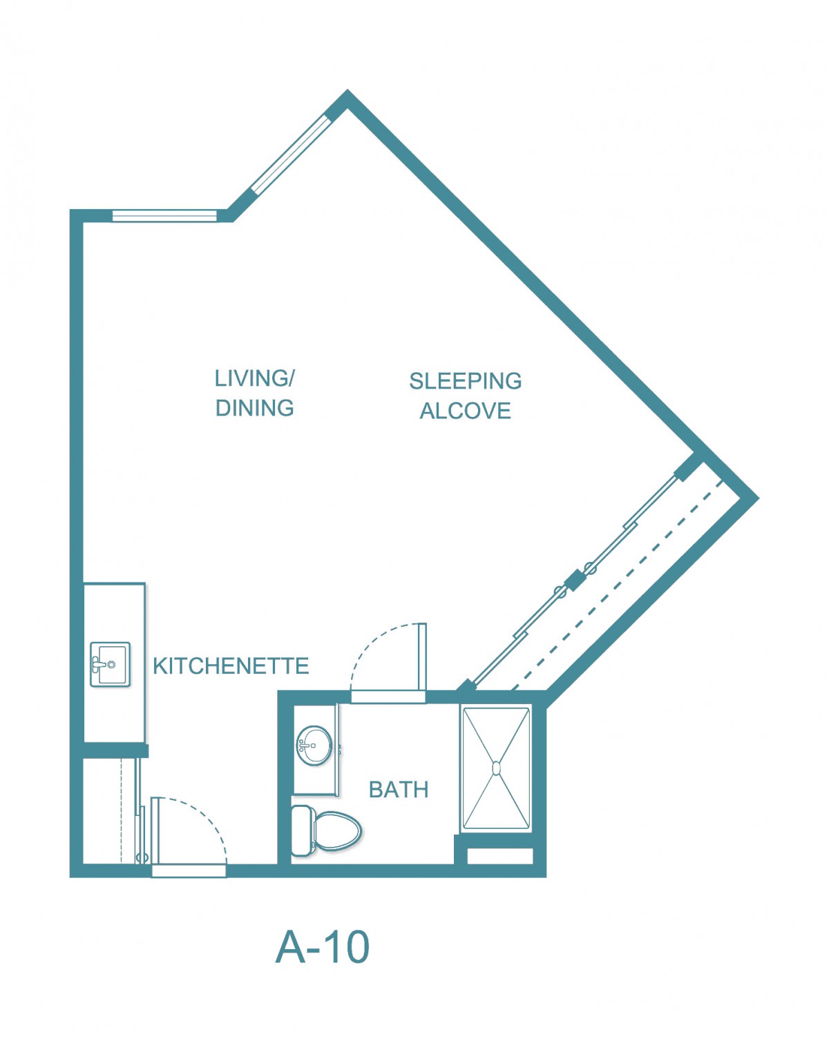 A floor plan of a studio apartment featuring a living/dining area, sleeping alcove, kitchenette, and bathroom.