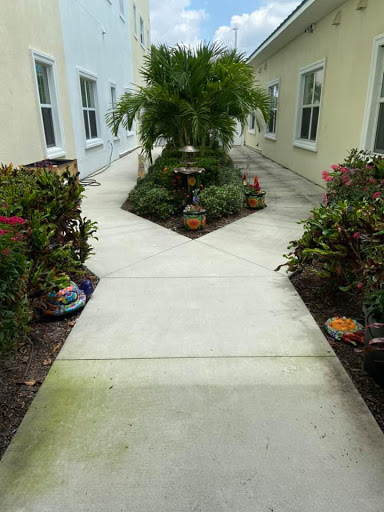 A beautifully landscaped pathway surrounded by lush greenery and decorative flower pots.