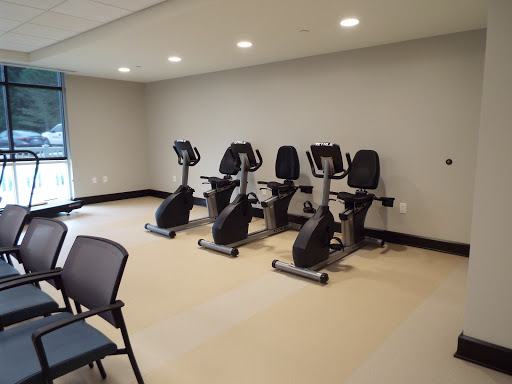 A clean and modern workout space featuring multiple recumbent bikes.