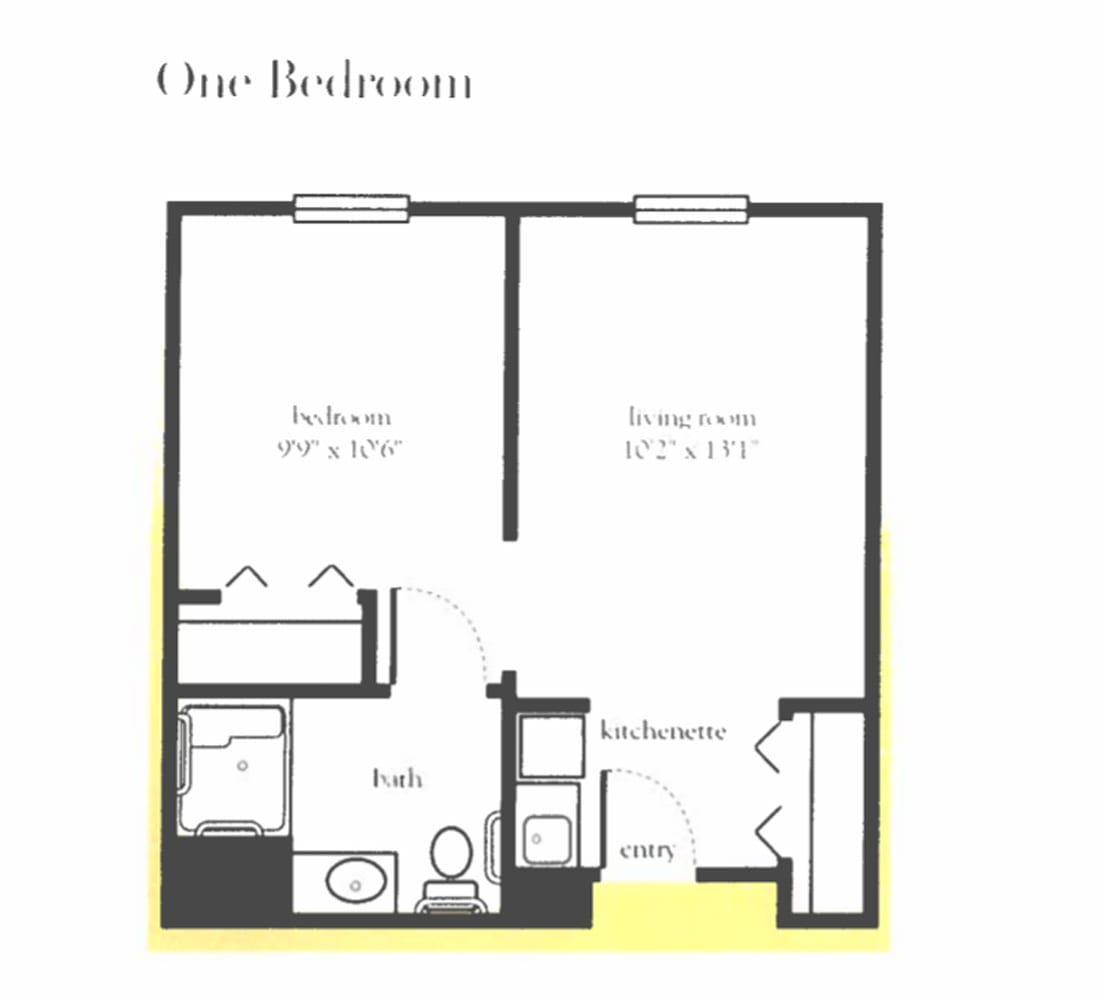 A simple one-bedroom apartment floor plan layout.
