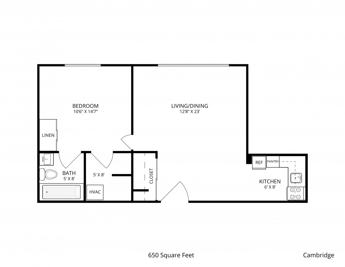 Layout of a one-bedroom apartment with kitchen, living/dining room, and bathroom.