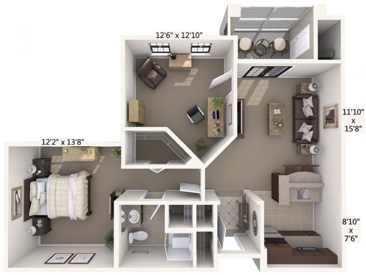 A 3D floor plan of an apartment featuring a bedroom, living room, kitchen, and bathroom.