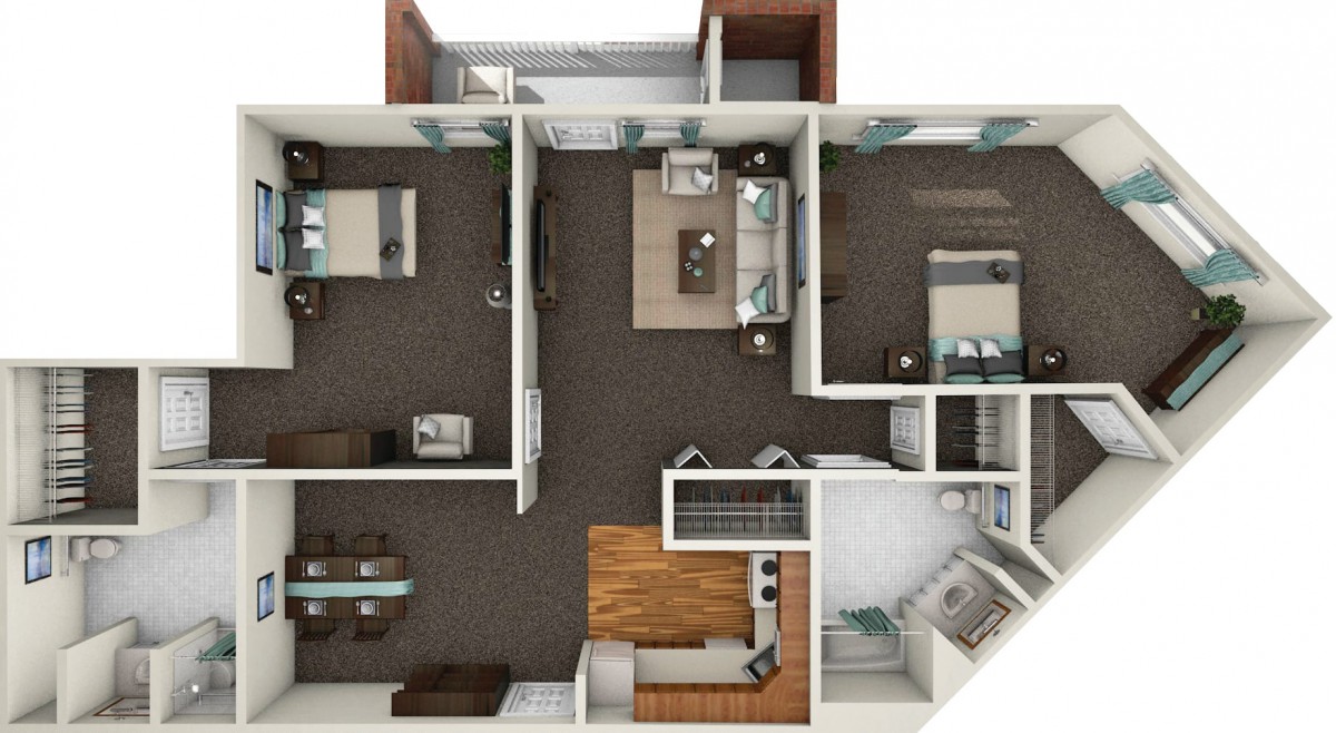 A detailed floor plan of a two-bedroom apartment, featuring a kitchen, living room, dining area, and bathrooms.