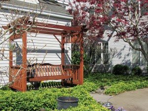 A wooden swing hangs under a pergola in a garden, surrounded by blooming trees and greenery.
