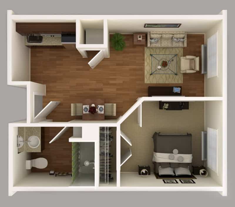 A 3D floor plan of a one-bedroom apartment featuring a kitchen, living room, bedroom, and bathroom.