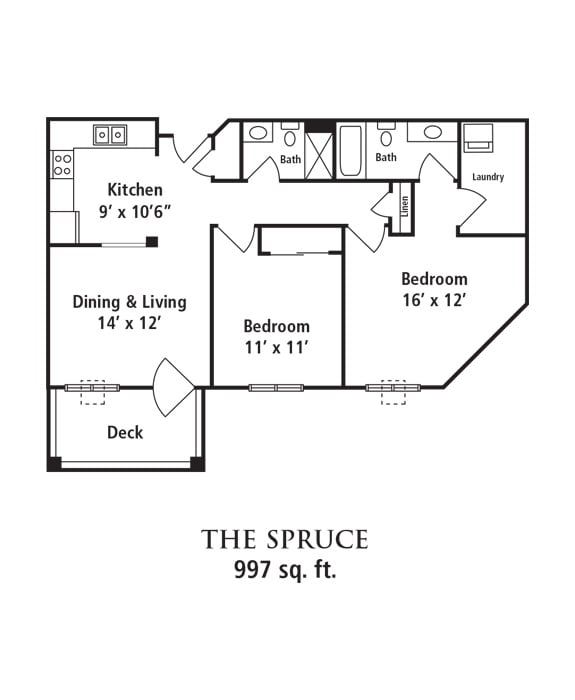 Floor plan of 'The Spruce' apartment with two bedrooms and a total area of 997 square feet.