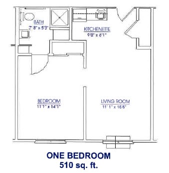 Floor plan of a one-bedroom apartment measuring 510 square feet.