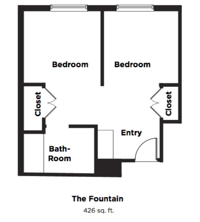 A floor plan of an apartment labeled 'The Fountain' with two bedrooms, a bathroom, closets, and an entry area.
