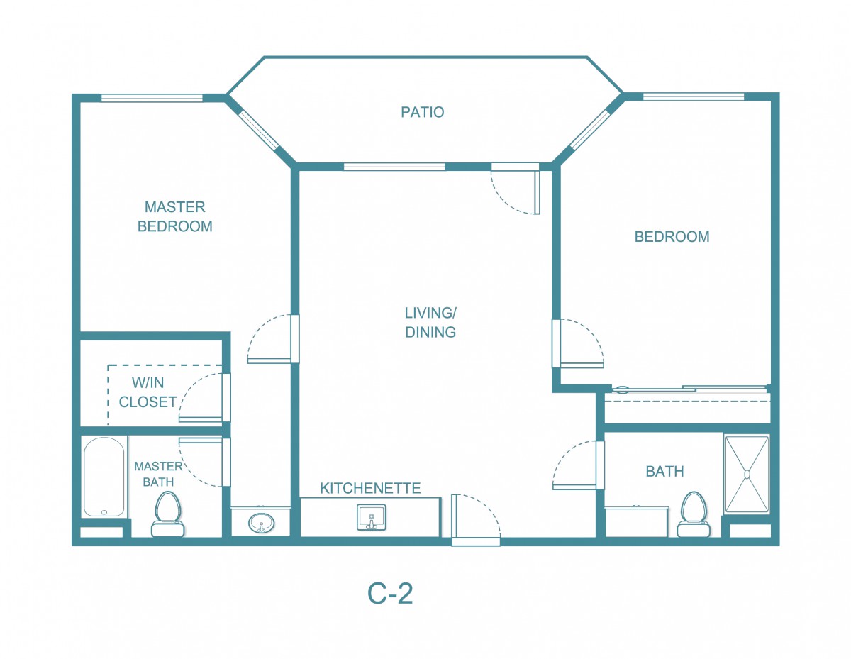 A blueprint of an apartment layout with labeled rooms and areas.