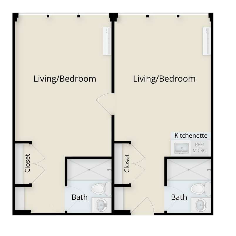 Floor plan layout for a studio apartment with living/bedroom, kitchen, closet, and bathroom.
