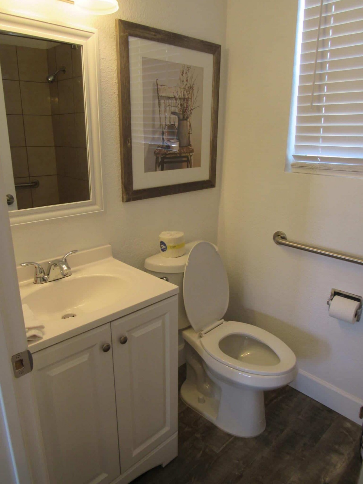 Small bathroom with a sink, toilet, and wall decorations.