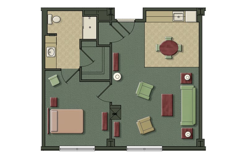 A floor plan of a one-bedroom apartment featuring a living room, kitchen, bathroom, and bedroom.