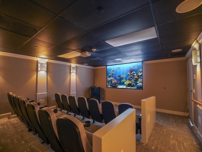 A cozy home theater setup with multiple rows of seating and a large projector screen displaying an underwater scene.