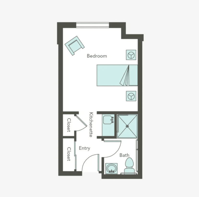 A floor plan depicting a compact studio apartment with designated areas for bed, bath, and living space.