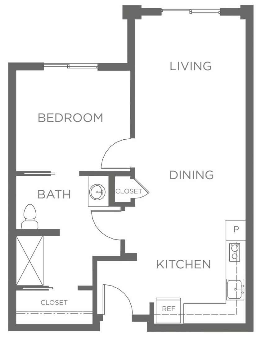 A simple floor plan featuring a one-bedroom apartment with a kitchen, dining area, living space, and bath.