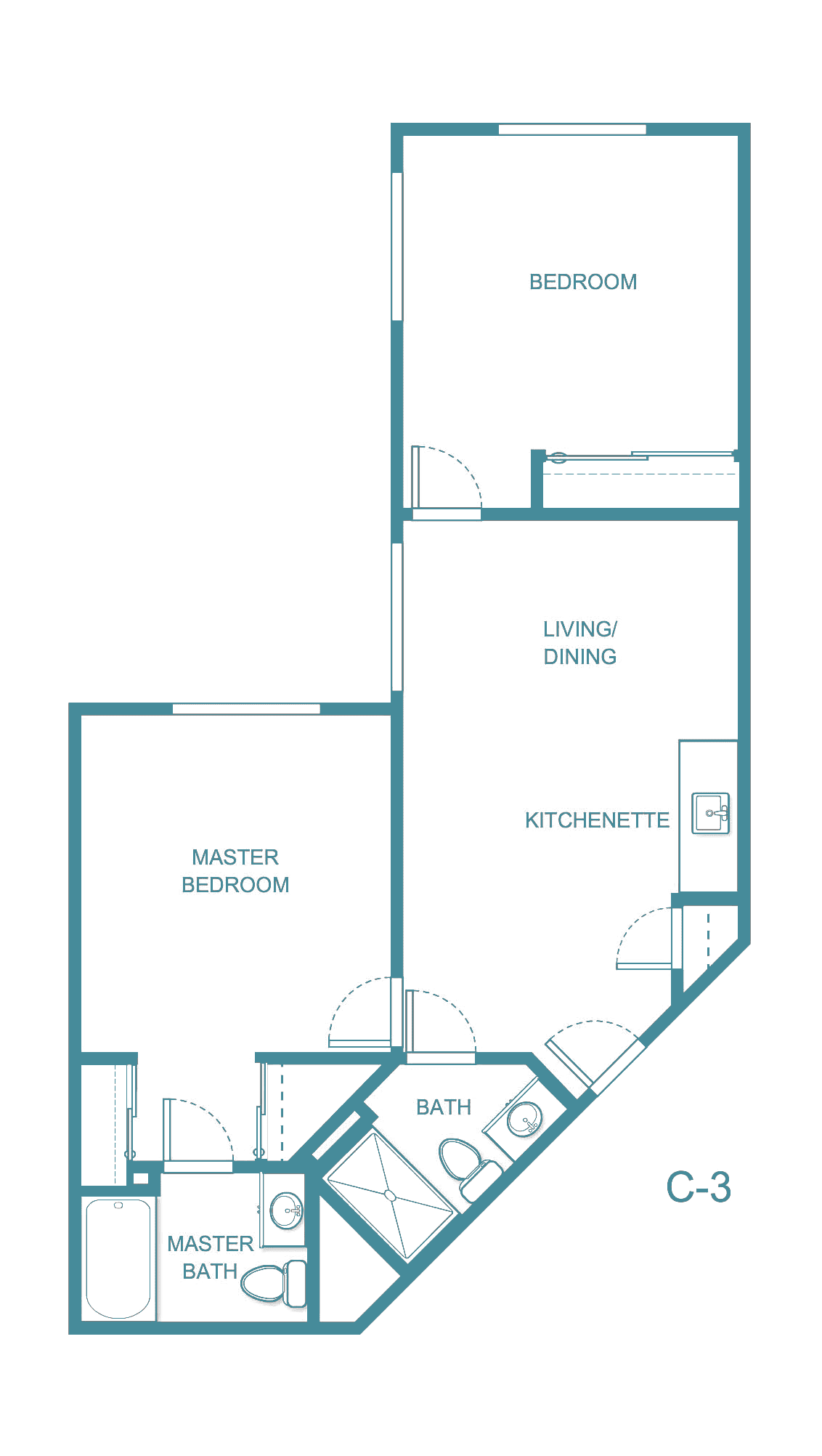 A floor plan of a one-bedroom apartment featuring a master bedroom, living/dining area, kitchenette, and bath.