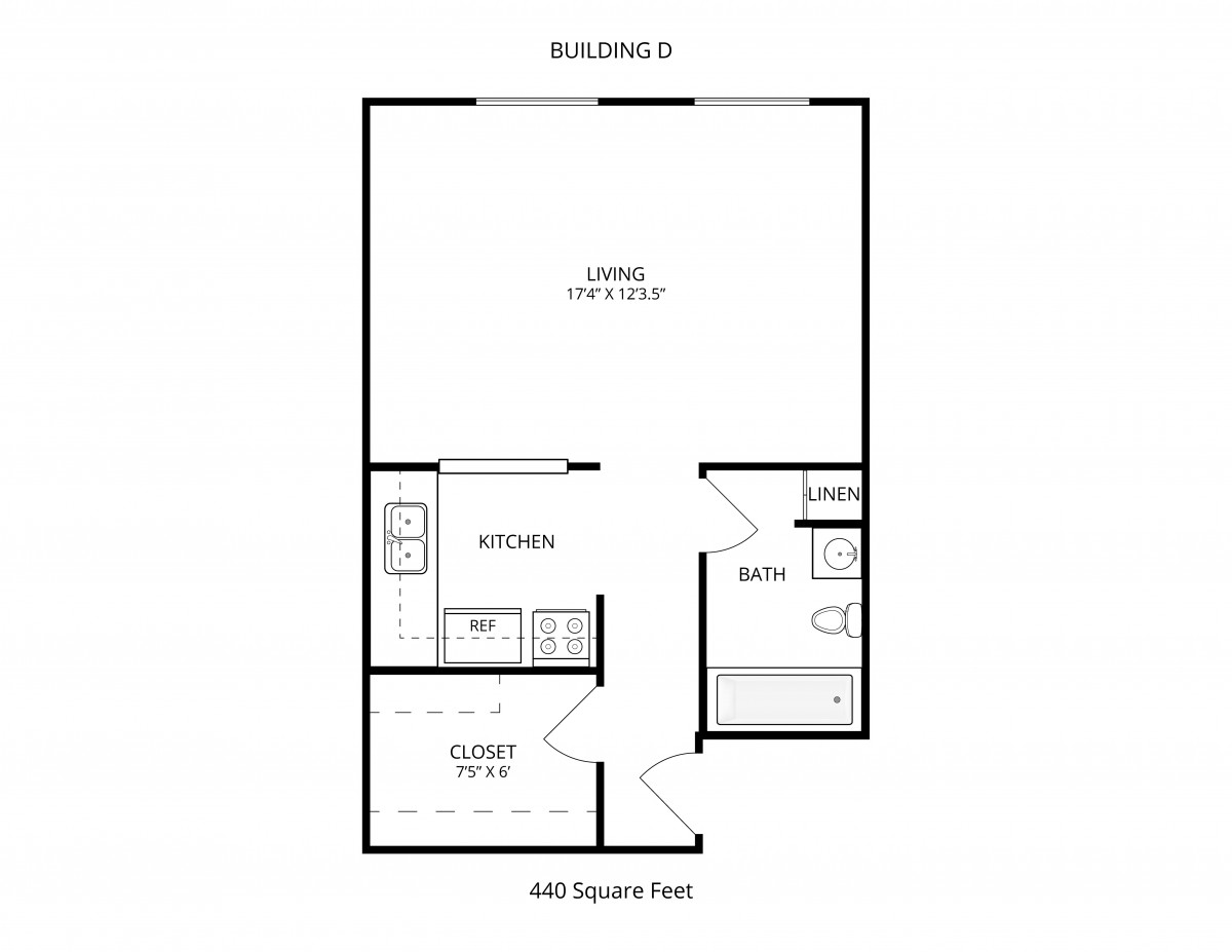 Studio apartment floor plan with a living area, kitchen, and bathroom.