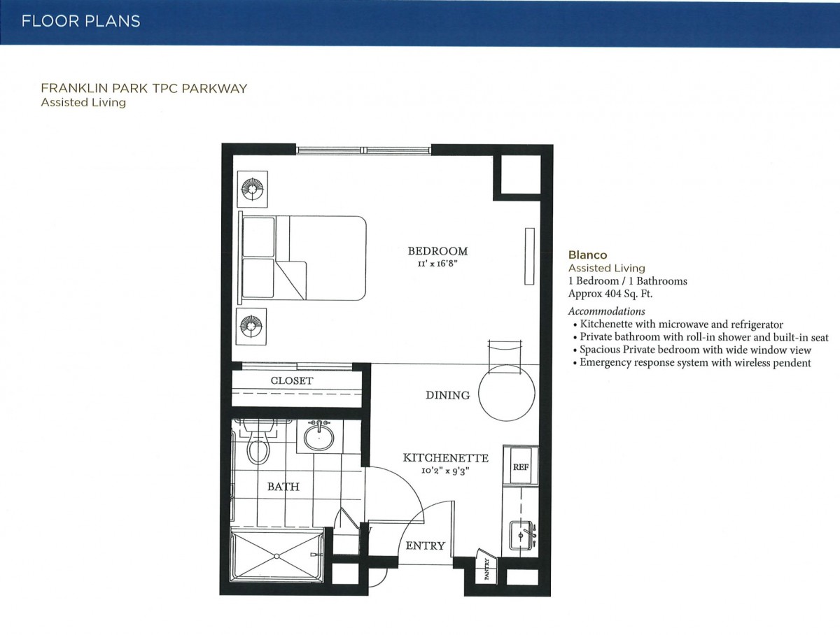 Studio apartment floor plan with labeled living and bathroom areas.