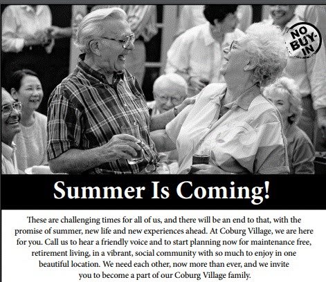 A promotional image for a senior community highlighting social activities and the arrival of summer.