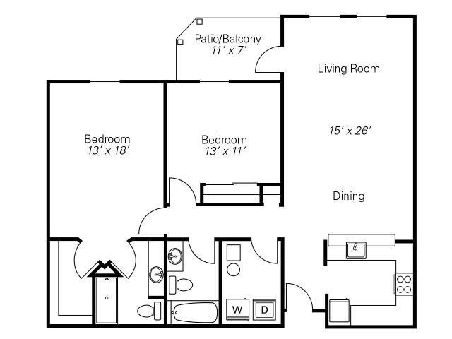A floor plan of a two-bedroom apartment featuring a living room, kitchen, two bathrooms, and a patio/balcony.