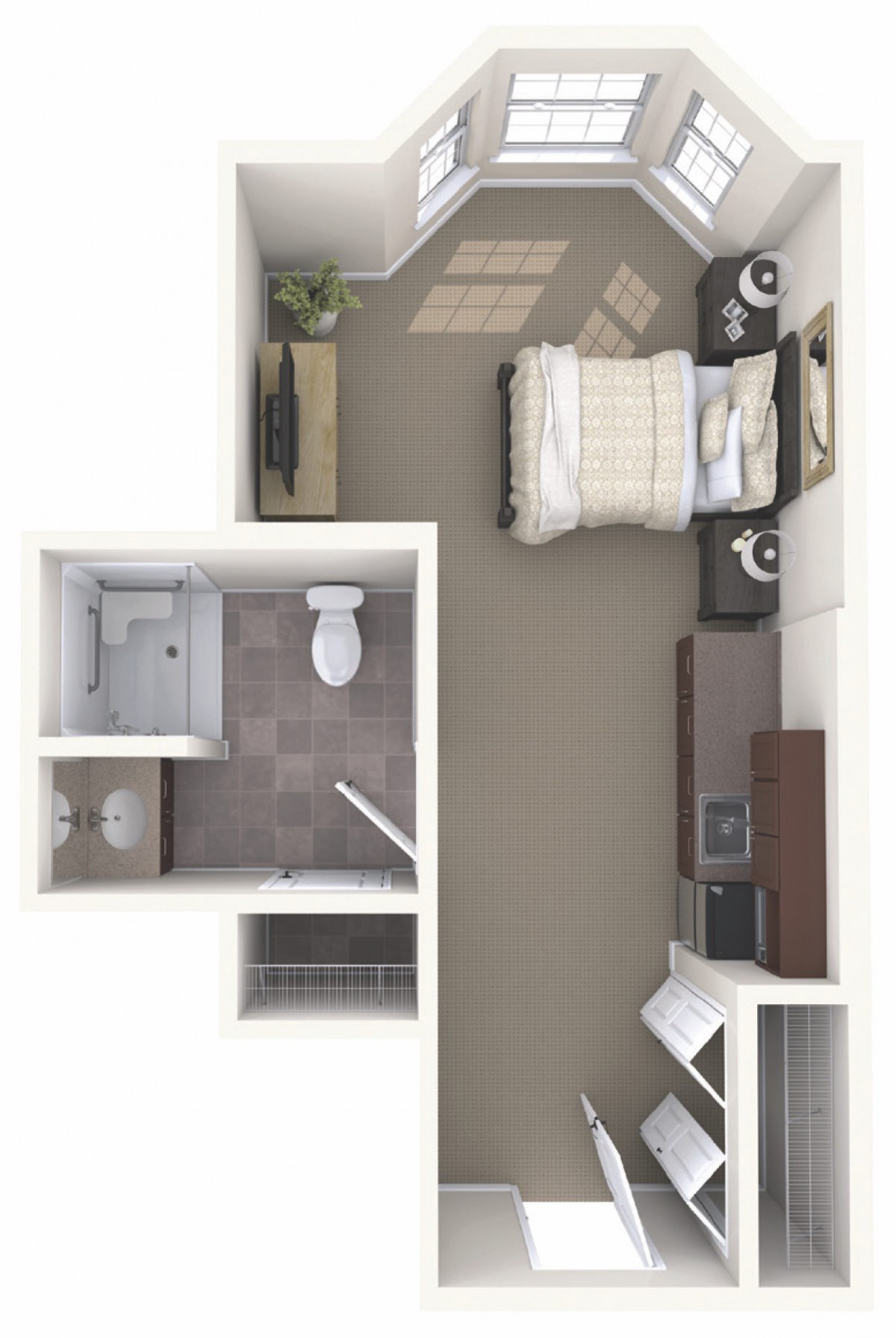 A studio apartment floor plan featuring a bedroom area with bed, bathroom, and kitchenette.