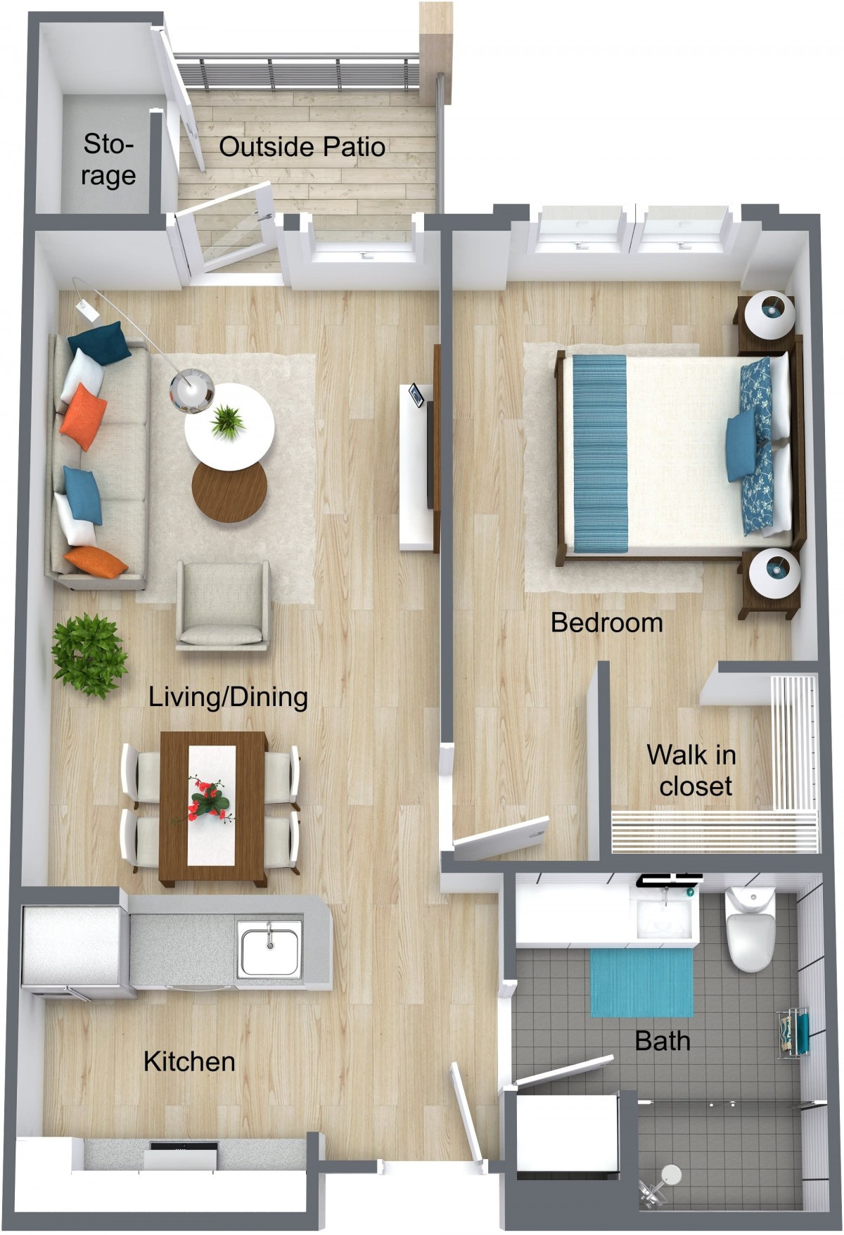A 3D floor plan of a one-bedroom apartment with living/dining area, walk-in closet, and bathroom.