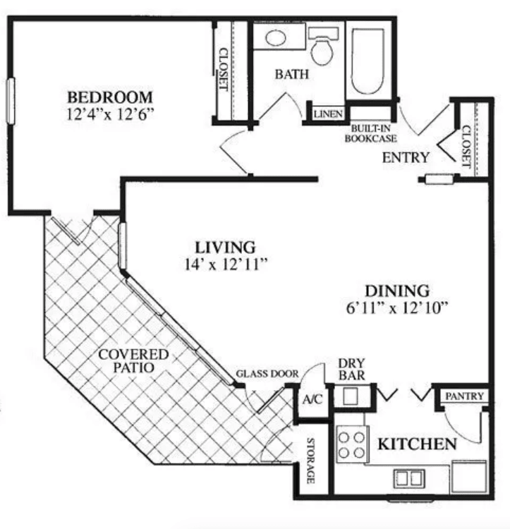 An apartment floor plan featuring one bedroom, a living room, dining area, kitchen, bathroom, and a covered patio.