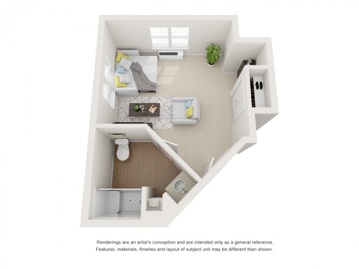 3D floor plan of a one-bedroom apartment layout with modern furnishings.