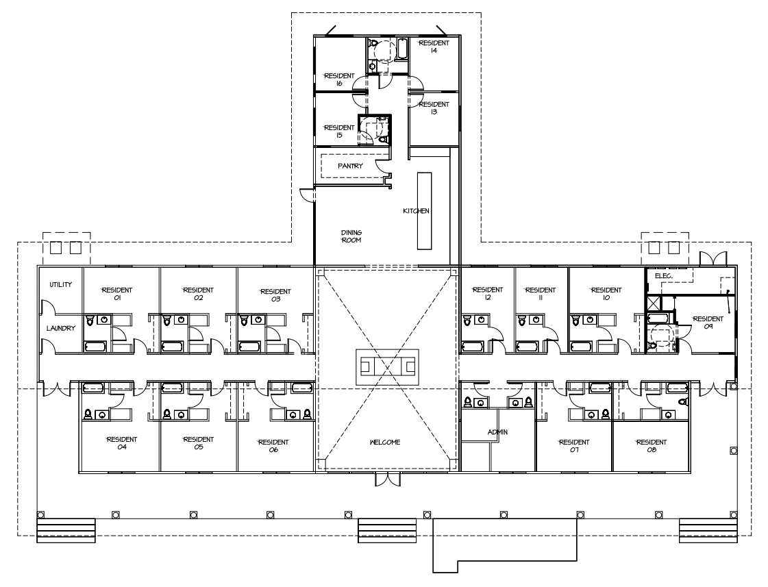 Architectural floor plan showing the layout of rooms and facilities in a building.