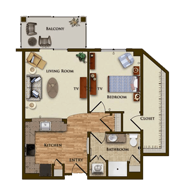 One-bedroom apartment floor plan with living room, kitchen, bathroom, and balcony.