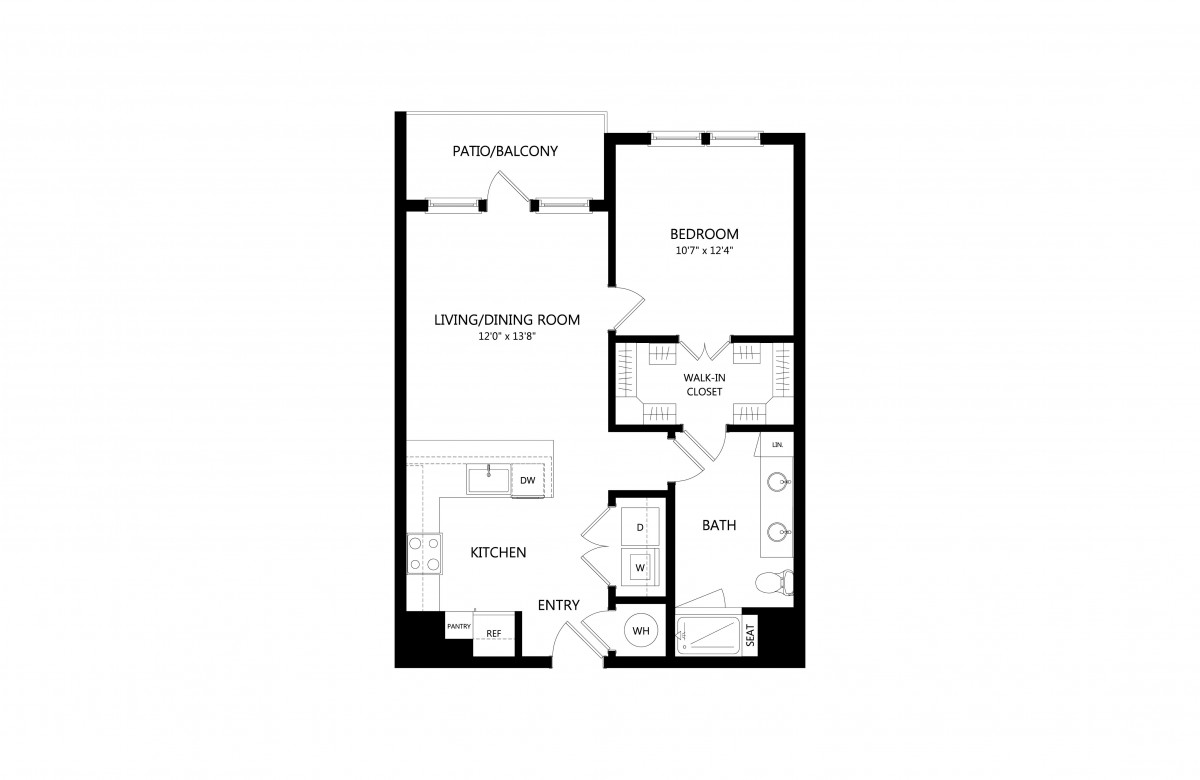 A floor plan layout of an apartment featuring a bedroom, living/dining room, kitchen, and bathroom.