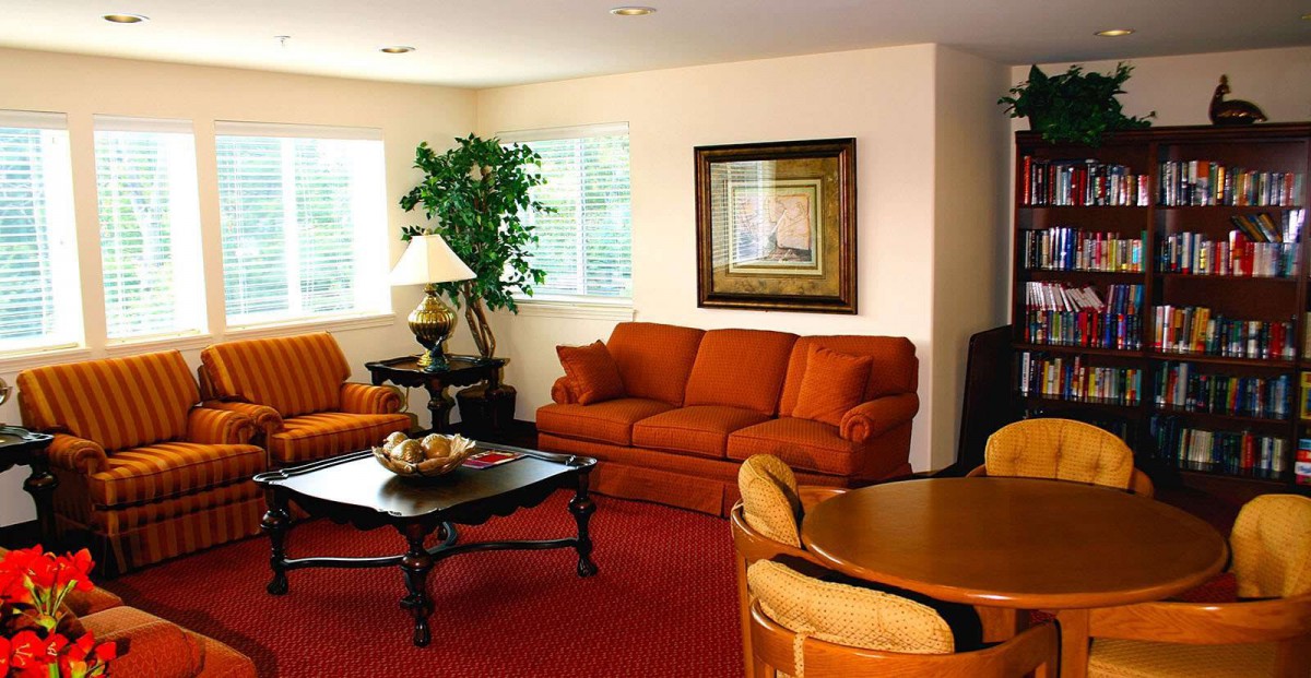 A cozy living room with orange sofas, a coffee table, indoor plants, and framed artwork on the wall.