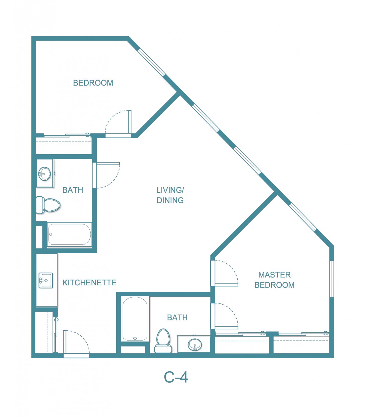 Apartment floor plan with two bedrooms, living room, kitchen, bath, and closet.