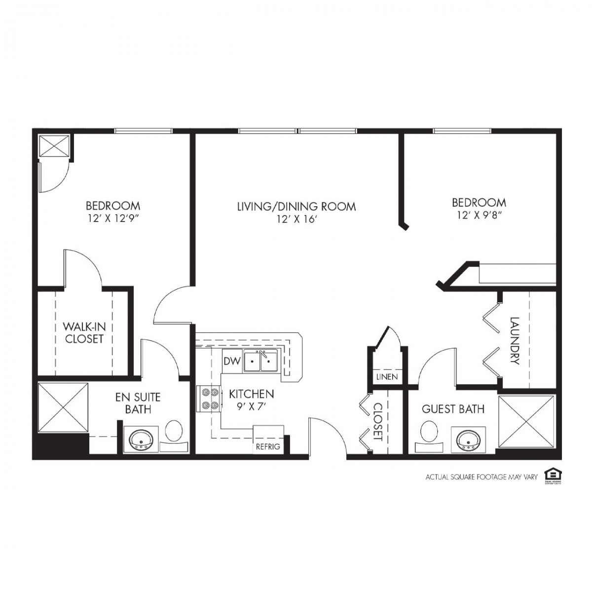 Floor plan of a two-bedroom apartment featuring an open living/dining room and kitchen.