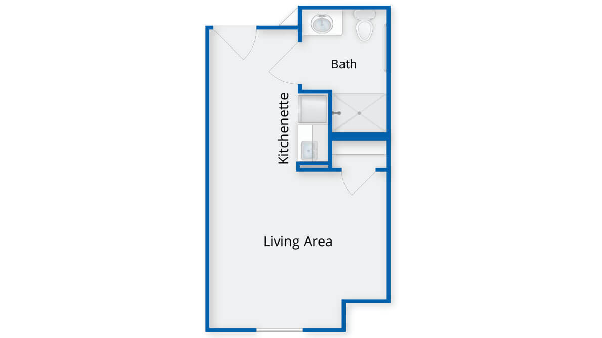 A floor plan of a studio apartment featuring a living area, kitchenette, and bathroom.