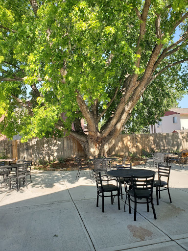 A tranquil outdoor patio space surrounded by lush greenery, perfect for gatherings or quiet moments.