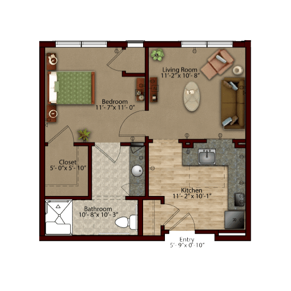 One-bedroom apartment floor plan with living room, kitchen, bedroom, and bathroom.