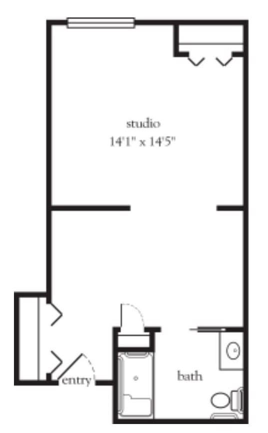 Studio apartment floor plan layout.