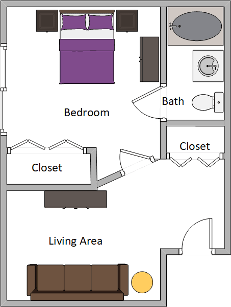 A floor plan of a one-bedroom apartment with a living area, bathroom, and closets.