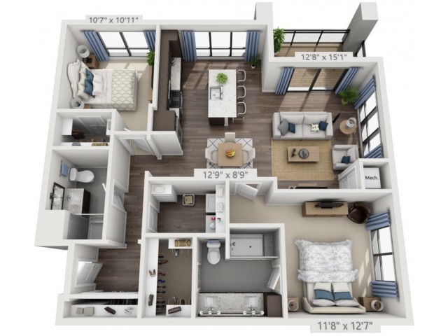 A detailed floor plan of a modern two-bedroom apartment with living room, kitchen, and bathroom.