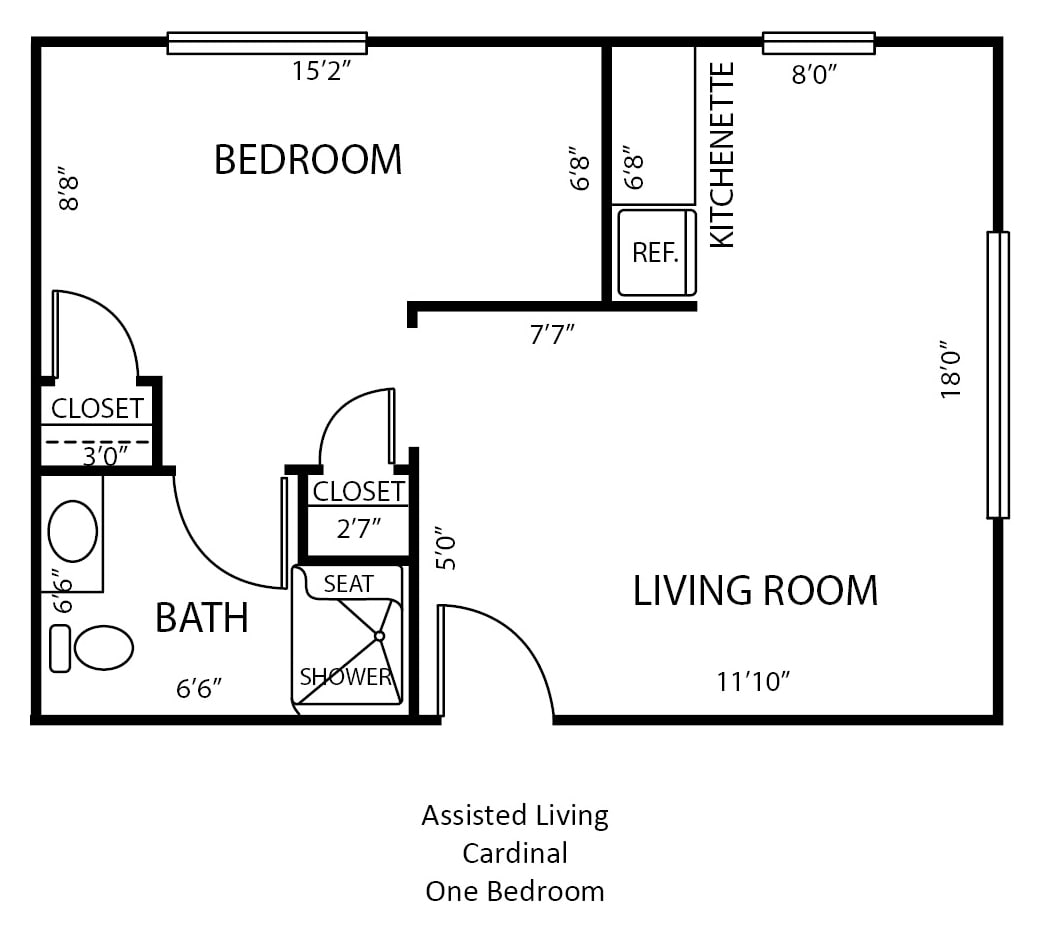 Floor plan of an assisted living one-bedroom apartment.
