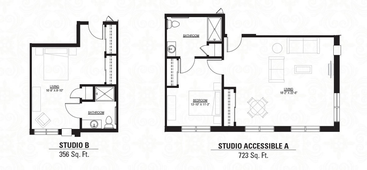 Floor plan of a studio apartment totaling 723 square feet.